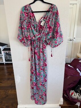 Karma Highway Printed V-Neck Long Dress OS Pink Teal Floral NWT